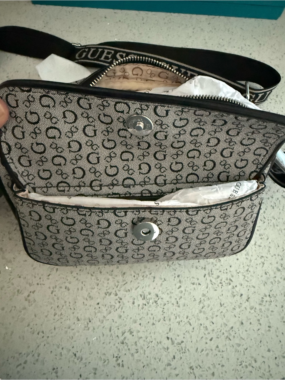 Guess Logo-Print Crossbody Bag in White and Black - Picture 3 of 6